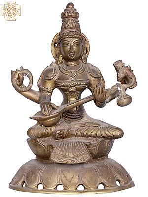 8'' Goddess Sarawati Seated On Lotus Playing Veena | Bronze