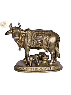 5'' Hindu Cow and Calf With Lakshmi Engraved | Bronze
