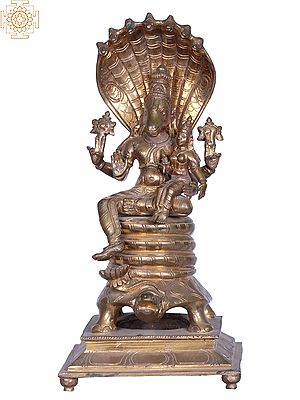11" Bronze Hayagreeva Avatara of Lord Vishnu with Devi Lakshmi Seated on Tortoise and Sheshnag