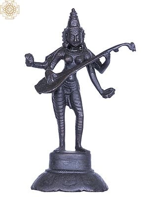 6" Standing Devi Saraswati Statue Playing Veena in Bronze