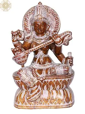 10" Stone Goddess Saraswati Seated on Lotus with Veena