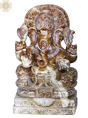Lord Ganesha Statue: 10" Sitting Red Stone Carving