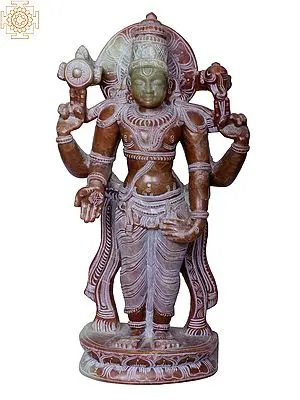 Lord Vishnu Deity Statue - 10" Red Stone Carving