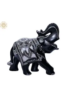 6" Polished Stone Elephant Statue with White Etchings