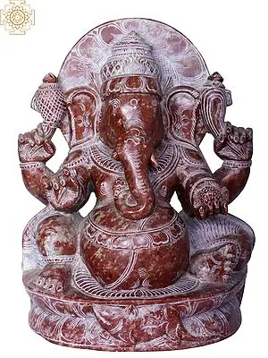 Seated Ganesha Sculpture in Red Stone (9 inches)