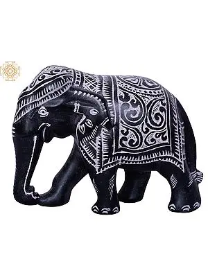 Black Stone Elephant Statue with White Engravings