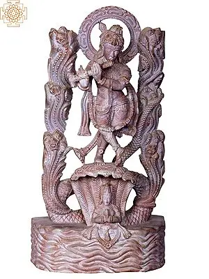 Lord Krishna Playing Flute on Serpent Kaliya Stone Statue
