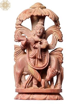 4" Small Pink Stone Sculpture Shri Krishna with Cow Playing Flute