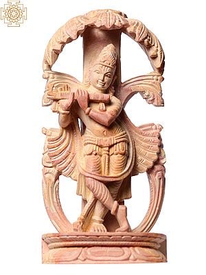 4" Small Hindu God Shri Krishna Playing Flute In Pink Stone