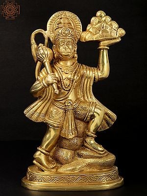 9'' Anjaneyar (Hanuman) Carrying Sanjeevani | Brass Statue