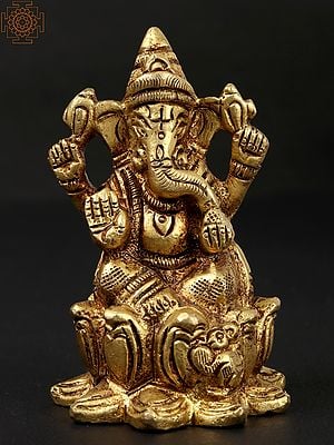 3'' Small Brass Lord Ganesha Statue Seated on Lotus