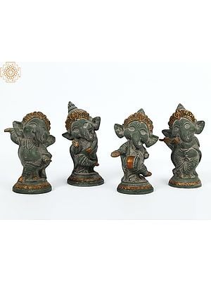 6'' Musical Baal Ganesha (Set of 4) | Brass | Green Patina