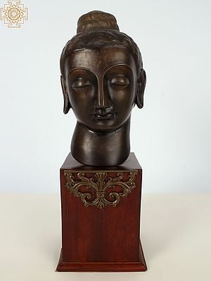 15" Bronze Buddha Head on Wooden Base