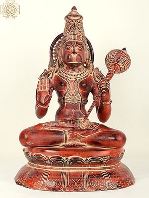 Brass Red Color Sitting Lord Hanuman Idol in Blessing Gesture