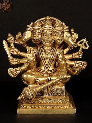 Seated Lord Panchamukhi Hanuman Brass Sculpture in Ashirwad Mudra