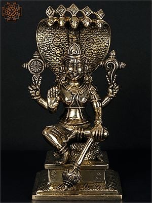 9'' Four-Handed Vishnu Seated Under Sheshnag | Brass