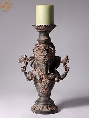 13" Chaturbhuja Lord Ganesha with Candle Stand in Brass