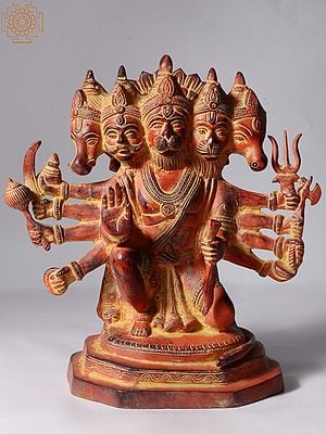 11" Sinduri Color Sitting Ten Armed Panchmukhi Lord Hanuman in Brass