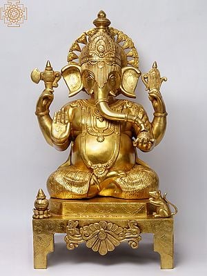 27'' Four-Handed Ganesha On Chowki | Brass Statue