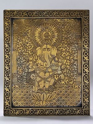 13" Eight Armed Lord Ganesha Standing on Lotus with Lion | Wall Hanging Plate in Brass