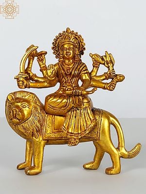 5" Small Eight Armed Goddess Durga Brass Idol Seated on Lion