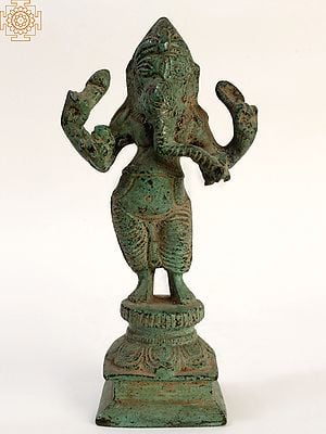 5" Green Patina Standing Chaturbhuja Lord Ganesha in Brass
