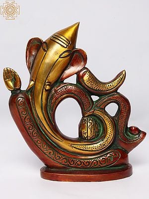8" Stylised Lord Ganesha Brass Idol with Om | Spiritual Table Decor