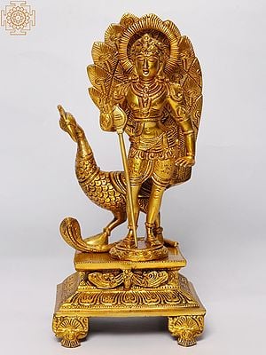 12" Lord Murugan Statue (Karttikeya) Standing on Pedestal with Peacock