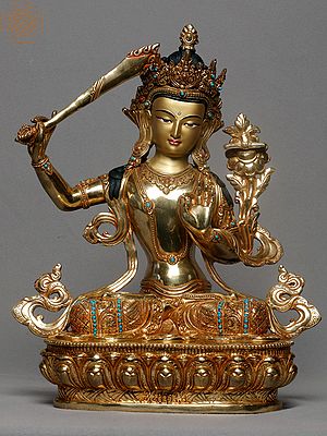 13" Copper Manjushri Idol | Copper Statue Gilded with Gold