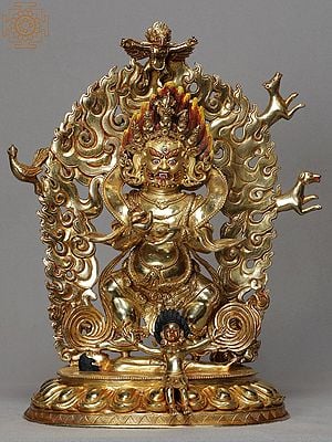 12" Copper Mahakala Copper Idol from Nepal | Copper Statue Gilded with Gold