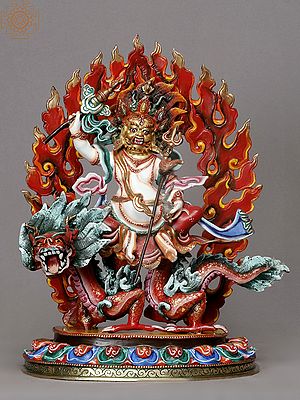 9" White Jambhala Riding on a Dragon Idol from Nepal | Copper with Gold