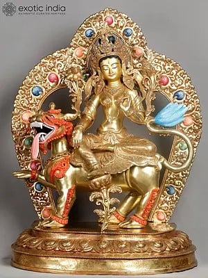 29" Stunning Goddess Green Tara Riding a Snow Lion | Handmade In Nepal | Copper With 24K Gilded Gold