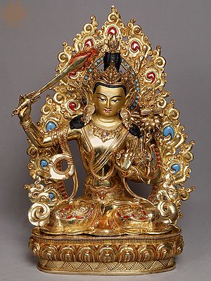 18" Gilded Copper Nepalese Statue of Bodhisattva Manjushri