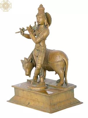 12" Lord Krishna Playing Flute with His Cow | Madhuchista Vidhana (Lost-Wax) | Panchaloha Bronze from Swamimalai