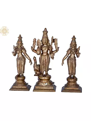 Lost-Wax Bronze Murugan Idol Set: Lord Murugan, Valli, Devasena, and Peacock