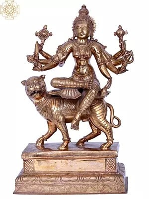 17'' Goddess Durga Seated on Lion | Madhuchista Vidhana (Lost-Wax) | Panchaloha Bronze from Swamimalai