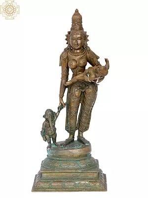 15'' Goddess Parvati with Baby Ganesha and Kartikeya | Madhuchista Vidhana (Lost-Wax) | Panchaloha Bronze from Swamimalai