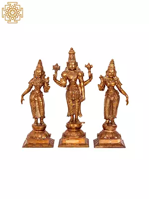 16'' Lord Perumal with Sridevi and Bhudevi Panchaloha Bronze Sculpture