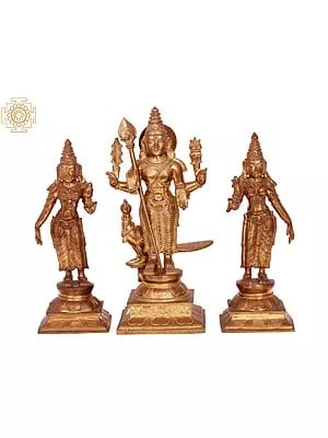 12'' Karttikeya with Devasena and Valli | Madhuchista Vidhana (Lost-Wax) | Panchaloha Bronze from Swamimalai