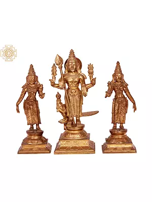 12'' Swami Murugan with Devasena and Valli - Panchaloha Bronze