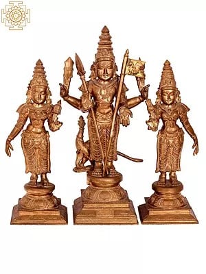 22'' Karttikeya with Devasena And Valli | Madhuchista Vidhana (Lost-Wax) | Panchaloha Bronze from Swamimalai