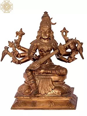 10'' Saraswati with Eight Hands | Madhuchista Vidhana (Lost-Wax) | Panchaloha Bronze from Swamimalai