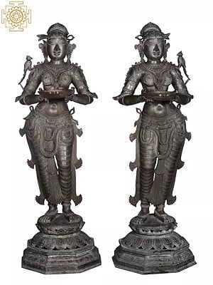 62'' Large Pair of Deepalakshmi | Madhuchista Vidhana (Lost-Wax) | Panchaloha Bronze from Swamimalai (Shipped by Sea)