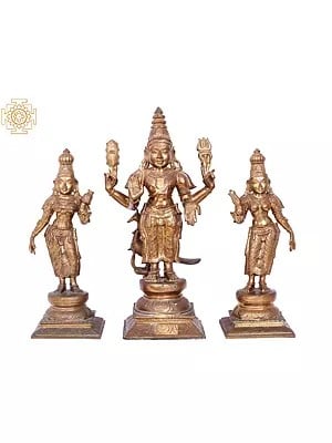 20'' Subramanya (Karttikeya) with Devasena and Valli | Madhuchista Vidhana (Lost-Wax) | Panchaloha Bronze from Swamimalai