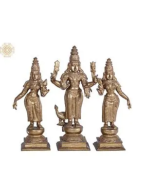 19'' Subramanya (Kartikeya) with Devasena and Valli Panchaloha Bronze Statue