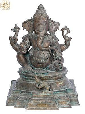 20'' Sitting Lord Chaturbhuja Ganesha | Madhuchista Vidhana (Lost-Wax) | Panchaloha Bronze from Swamimalai