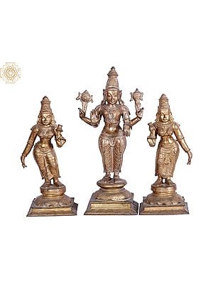 25'' Lord Perumal with Sridevi and Bhudevi | Madhuchista Vidhana (Lost-Wax) | Panchaloha Bronze from Swamimalai