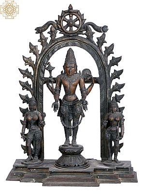 27'' Lord Perumal with Bhudevi and Sridevi | Madhuchista Vidhana (Lost-Wax) | Panchaloha Bronze from Swamimalai