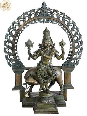 45'' Lord Venugopal (Krishna) Playing Flute with Cow | Madhuchista Vidhana (Lost-Wax) | Panchaloha Bronze from Swamimalai