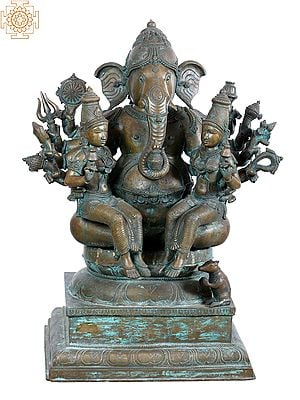 30'' Lord Ganesha with Riddhi and Siddhi | Madhuchista Vidhana (Lost-Wax) | Panchaloha Bronze from Swamimalai